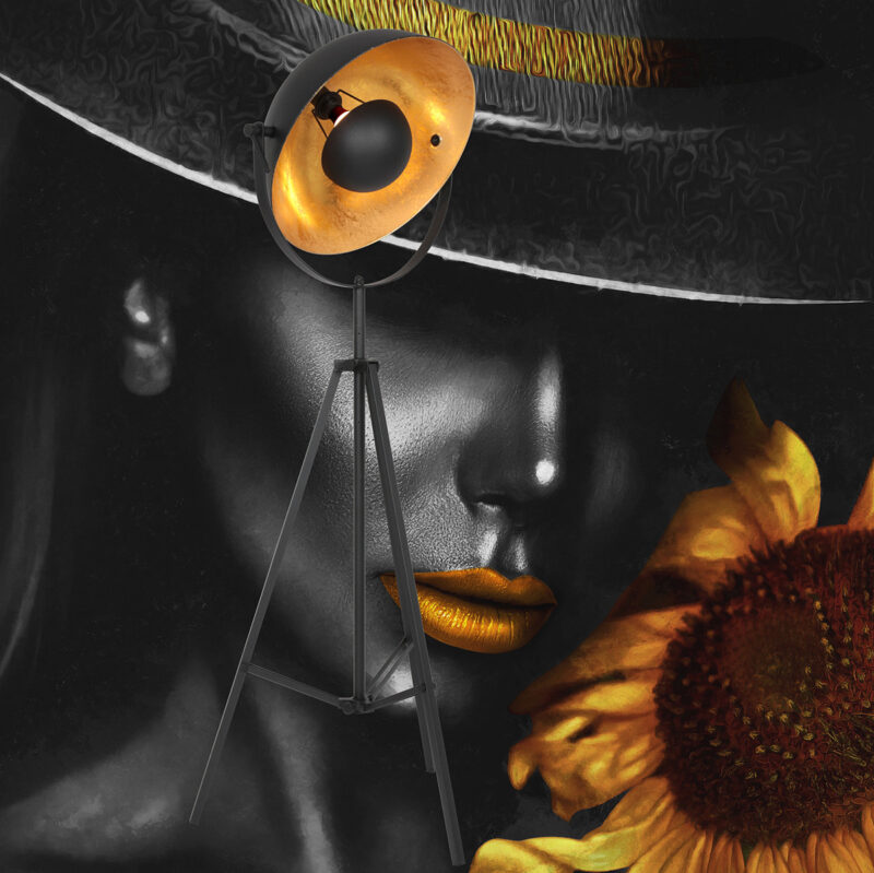 Industrielle schwarze Stehlampe mit goldener Sonnenblendenhaube Mexlite Sunflower – Bild 4