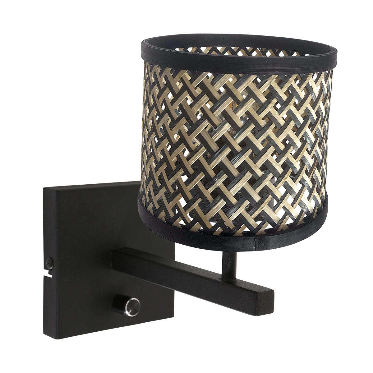 Moderne schwarze Wandleuchte mit Rattanschirm Steinhauer Stang