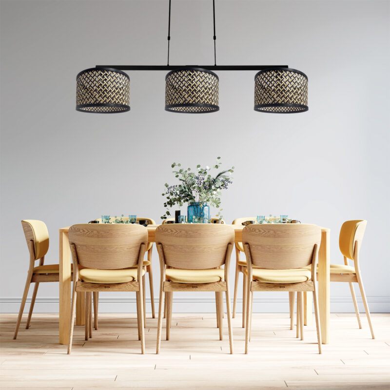 Schwarze Pendelleuchte mit drei Lichtern und Rattanschirm Steinhauer Stang – Bild 3