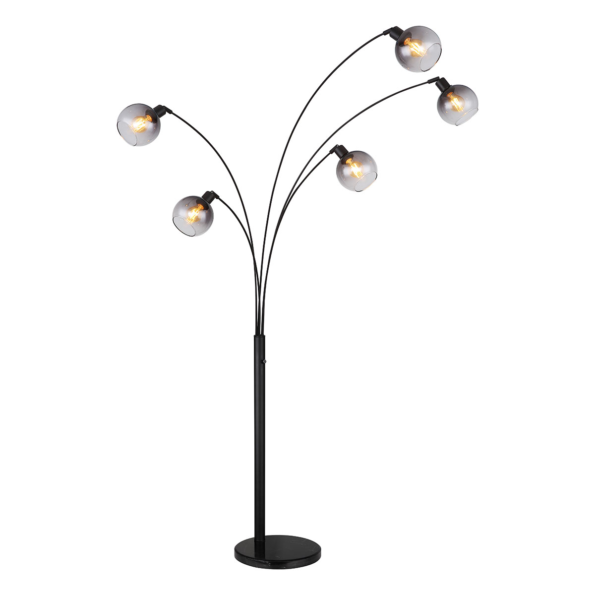 Schwarze 5-flammige Stehlampe Rauchglas Kugeln Globo Seymour